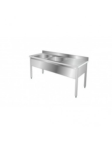 Plonge Inox 2 Bacs - Egouttoir À Droite - Profondeur 700 Mm - Longueur 1800 Mm - Pg185Dt - Jamais utilisé