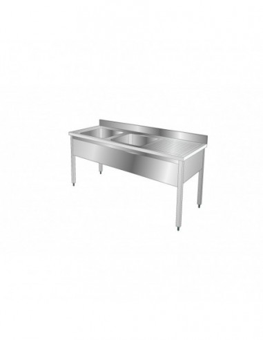 Plonge Inox 2 Bacs - Egouttoir À Droite - Profondeur 700 Mm - Longueur 2000 Mm - Pg186Dt - Jamais utilisé