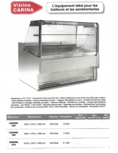 Carina150 - Vitrine Refrigeree +2°C-+10°C - Jamais utilisé